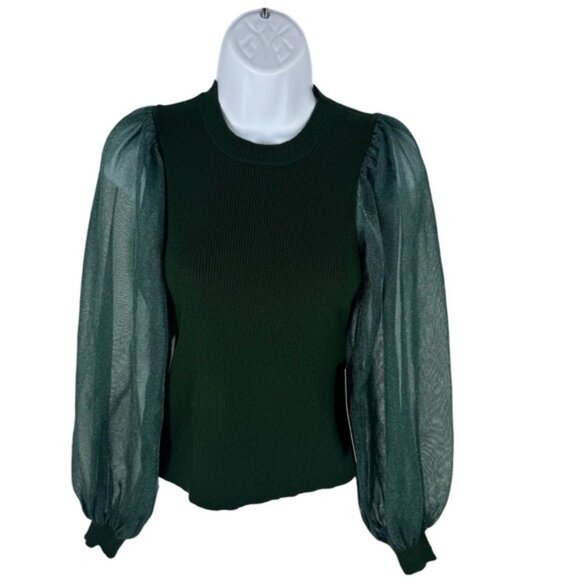 Tuckernuck Betsy Mixed Media Sparkle Blouse Deep Green Knit Top Women’s Size L - Picture 2 of 5